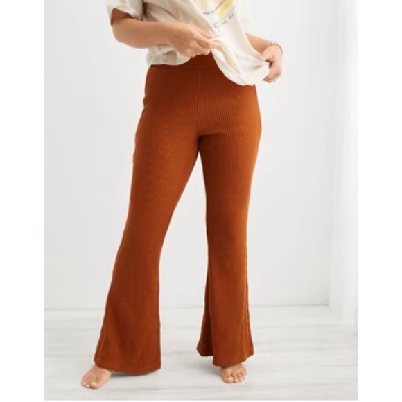 aerie Pants - Aerie Waffle Knit Wide Leg Flare Pants in Rust Pull On Loungewear Comfy Cozy
